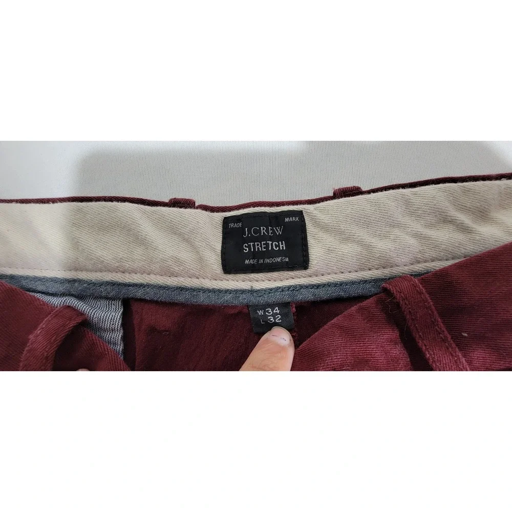 J.Crew Mens Stretch Chino Pants Burgundy Maroon 34x32 Cotton Blend Straight Leg